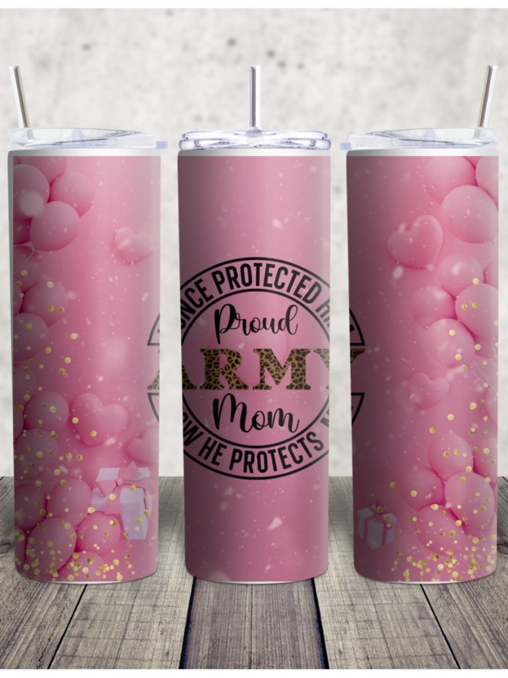 Hand Crafted Pink "Proud Army Mom" Tumbler